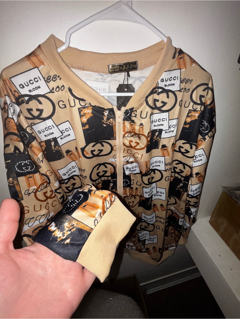 NEW J.J Shop Bloom-Print Beige Zip Bomber Jacket